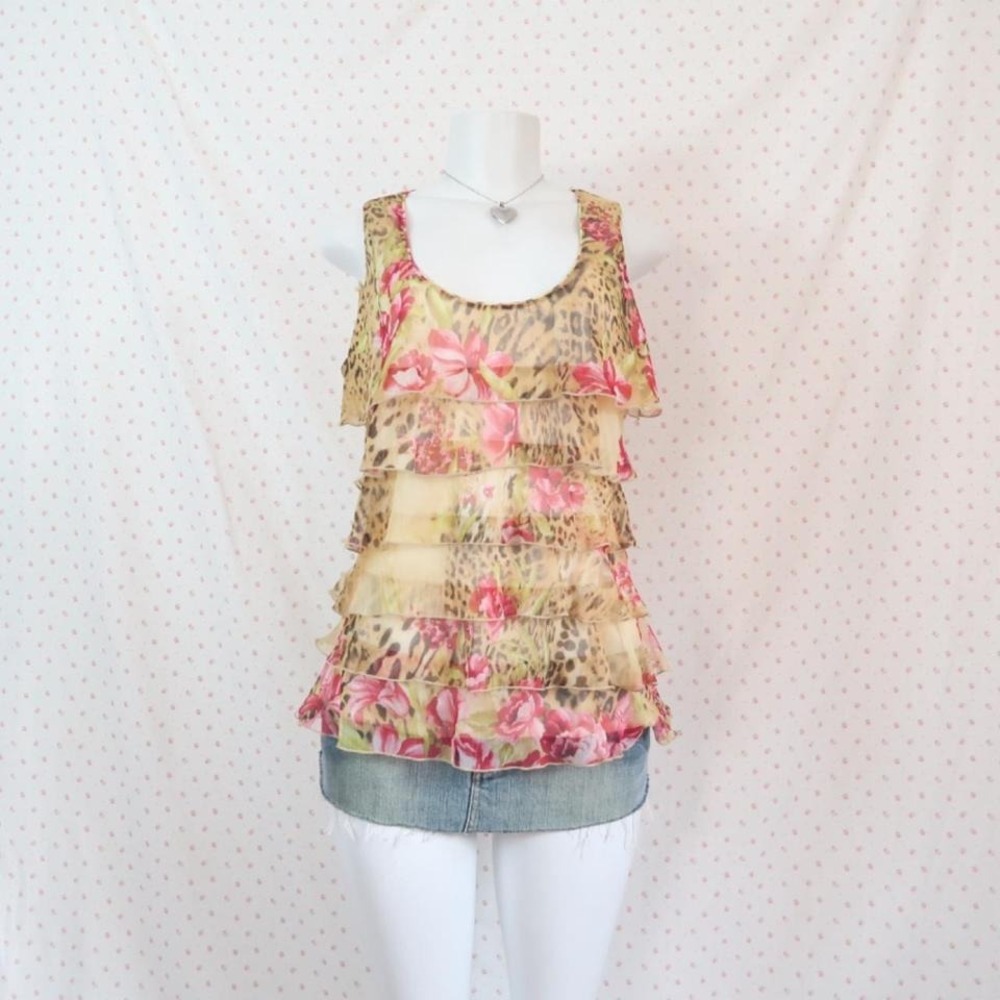 Eclipse Leopard Floral Ruffle Tank Top Y2K McBling - Picture 4 of 4